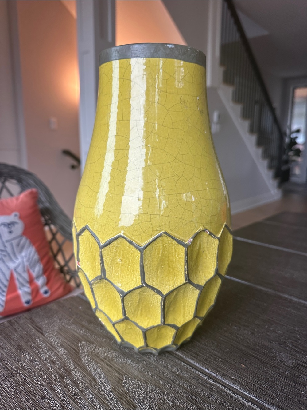 West elm terracotta honeycomb yellow vase crackle finish 12x7 home decor